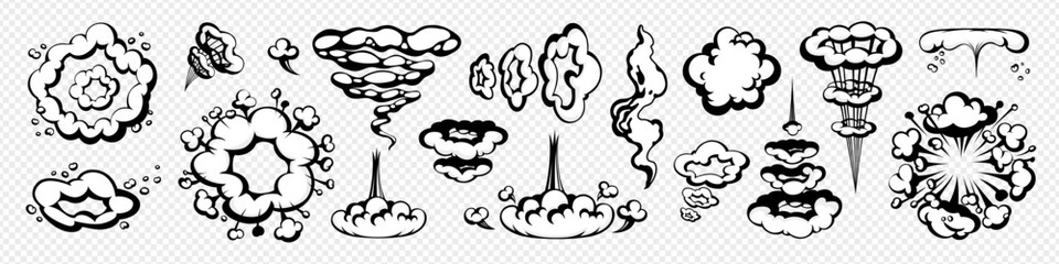 Cartoon comic cloud smoke puff with motion effect, isolated on transparent background. Vector explosion and vapor elements in comic style. Ideal for stickers, games, comics, and animation