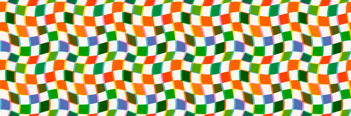 Wavy checker pattern background with orange, green, blue, yellow, pink and white with multiply effect. Seamless retro psychedelic vector for packaging, decor or party designs. Drag to swatches panel