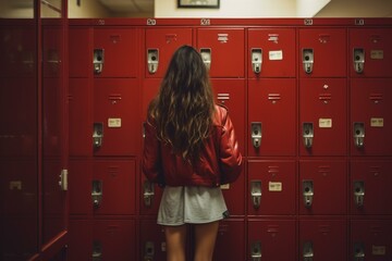 Brunette student wearing red jacket and grey skirt standing in front of red lockers in school corridor