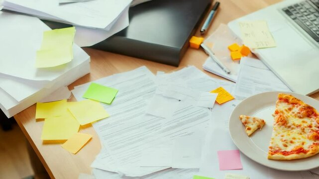 Leftover pizza slices sit on a plate on a messy desk full of paperwork, sticky notes, and a laptop, suggesting a busy office worker grabbing a quick lunch during a hectic workday