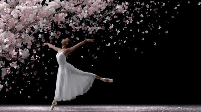 Ballet dancer silhouette merged cherry blossoms in motion freeze technique. AI generated