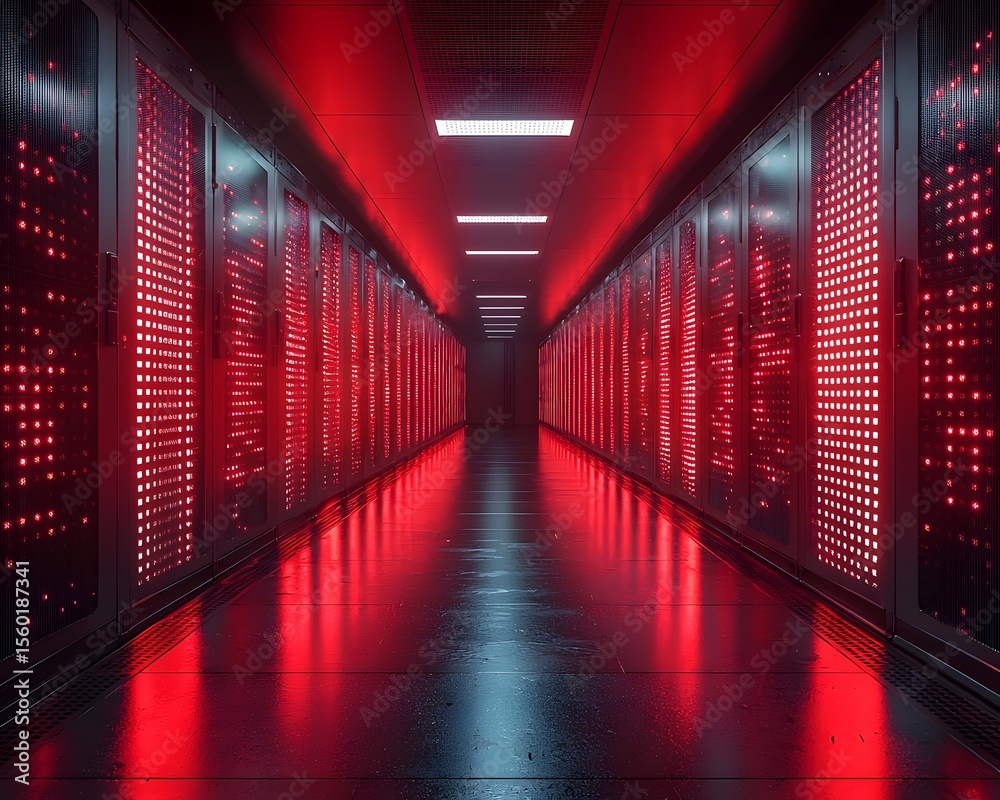 Poster futuristic supercomputer processing vast amounts of data in a glowing red corridor