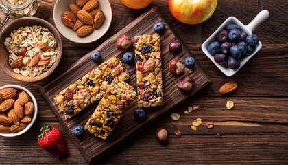 healthy granola bars fruits nuts rustic wood