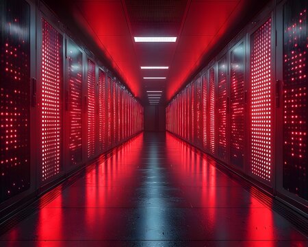 Futuristic supercomputer processing vast amounts of data in a glowing red corridor