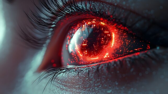 Robotic eye scanning the environment with a red digital HUD overlay