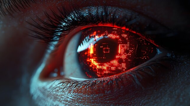 Cybernetic eye scanning the environment with a digital red HUD overlay
