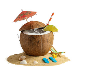 Refreshing Coconut Cocktail on a Tropical Beach Scene