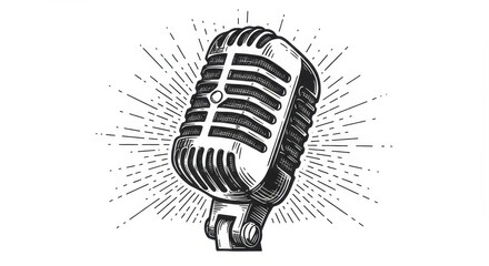 Vintage microphone with burst on white background