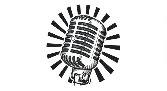 Black and White Retro Studio Microphone Vector Graphic isolated with Radial Burst Effect