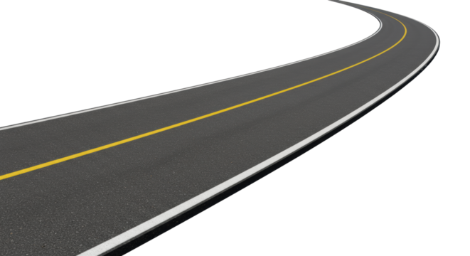 An ultra photorealistic UHD asphalt road with vibrant yellow solid line and crisp white dashed line, curving upwards and right, isolated on a pristine transparent background with copy space, concept