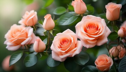 elegant peach roses in a green leafy background for nature and floral decor