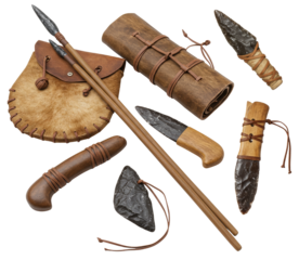 Historical wooden and stone tools for survival on transparent background  