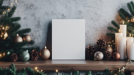 Create a mockup of a blank invitation template in A4 size, standing on a mantelpiece. 