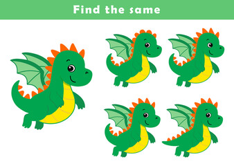 Find same picture worksheet for kids. Worksheet for kids kindergarten, preschool and school age. Education game for children with cute dragon illustration.	