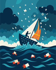 A ship sinking in stormy seas symbolic of a person drowning in a sea of negative words and thoughts.. Vector illustration