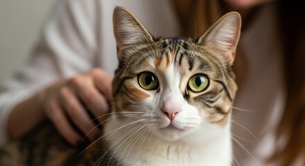 Calico Cat Close Up Portrait with Gentle Human Touch