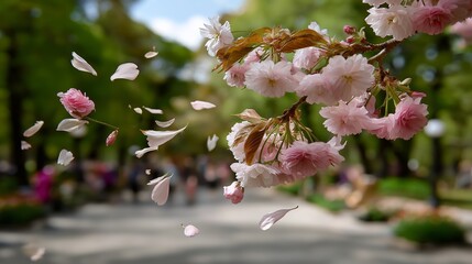 Cherry blossoms bloom with drifting petals in spring sunlight park. AI generated.