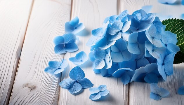 blue hydrangea blossoms arranged on a rustic white wooden surface petals macro wooden