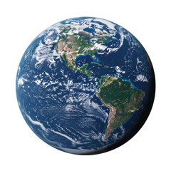 Ultra realistic UHD photo of vibrant blue and green Planet Earth, showing North and South America with oceans and clouds, 3/4 view from space, isolated on transparent background with studio lighting,