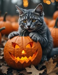 Cute gray tabby kitten with glowing carved pumpkin for Halloween in autumn setting

