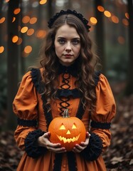 Victorian woman in orange dress holding carved pumpkin for Halloween in autumn forest
