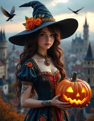 Beautiful young witch holding jack-o'-lantern on Halloween evening in fantasy medieval city

