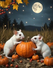 Two fantasy mice with pumpkins under full moon in a magical Halloween field
