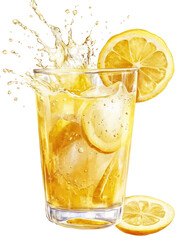 Lemonade with Ice and Splash - Classic yellow lemonade with ice cubes and dynamic splash on transparent background

