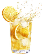 Lemonade with Ice and Splash - Classic yellow lemonade with ice cubes and dynamic splash on transparent background

