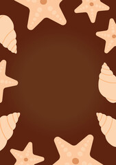 Decorative Frame Made of Seashells and Starfish in Soft Tropical Style on a Beautiful brown background