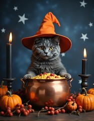 Gray cat in witch hat sitting at a Halloween cauldron with pumpkins and candles
