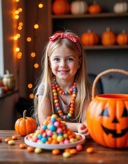 Smiling girl with Halloween candy necklace sitting at festive table with pumpkin bucket
