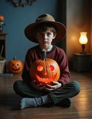 Boy in wide-brimmed hat holding glowing Halloween pumpkin at home
