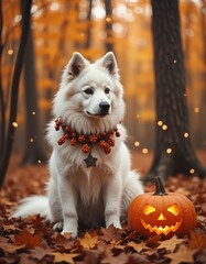 White fluffy dog with Halloween garland sitting next to jack-o'-lantern in autumn forest
