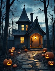 Spooky fairytale house with glowing pumpkins along stone path in dark forest, Halloween night
