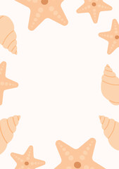 Decorative Frame Made of Seashells and Starfish in Soft Tropical Style on a White background