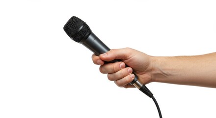 Hand holding a microphone on white background
