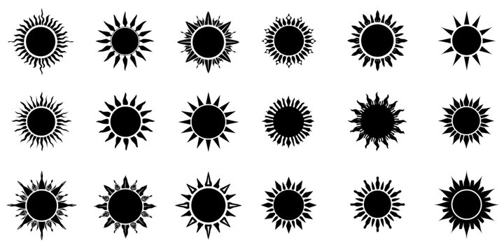 Set of black sun in various designs and sizes  on transparent background  