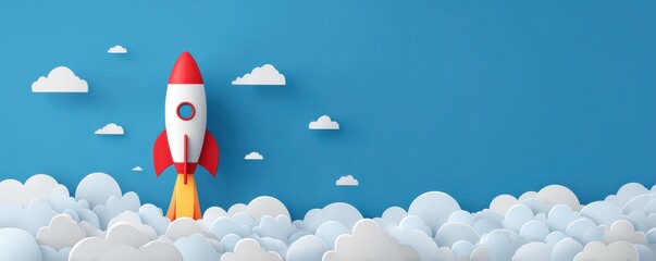 Creative rocket launch illustration against a blue sky with fluffy clouds for a playful and imaginative atmosphere