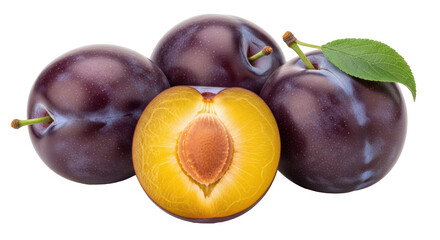 Isolated Plums and a Halved Plum