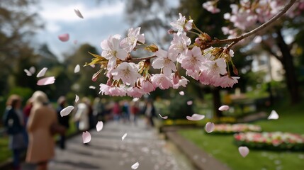 Cherry blossoms with drifting petals park visitors springtime. AI generated.