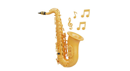 Yellow Saxophone with Musical Notes Floating in White Background