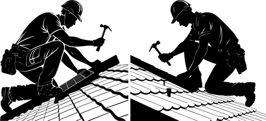 Skilled Roofers Installing Shingles Silhouette
