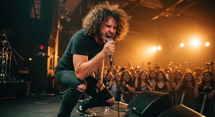 Energetic male singer performing live on stage in front of a crowd