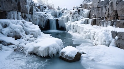 Cascading waterfall mid freeze displays icicles snowy rocks winter daylight. AI generated