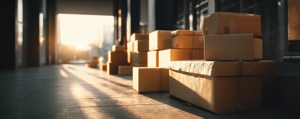 Sunlit Urban Scene with Stacked Cardboard Boxes at Sunrise on a City Sidewalk