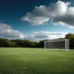 Fototapeta premium Green grass soccer field with white goal post under blue sky and clouds, peaceful outdoor sports scene, natural landscape