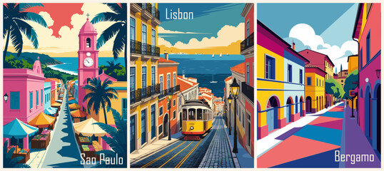 Colorful vector set of retro travel posters featuring São Paulo, Lisbon, and Bergamo cityscapes. Vibrant street scenes with architecture, trams, markets, and Mediterranean charm.