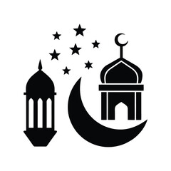 Islamic Mosque, Crescent Moon, Stars, and Lantern Ramadan Kareem Symbol.Islamic mosque crescent moon icons, ramadan kareem symbols, muslim religious design, eid mubarak decoration design.