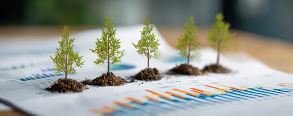 Miniature Trees Growing on Financial Charts Symbolizing Sustainability and Environmental Growth in Business Strategy